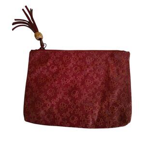 Blithe Red Embossed Leather Makeup Pouch Wallet Zipper Closure Tassel